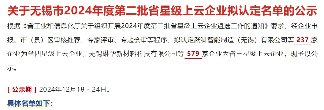 关于无锡市2024年度第二批省星级上云企业拟认定名单的公示